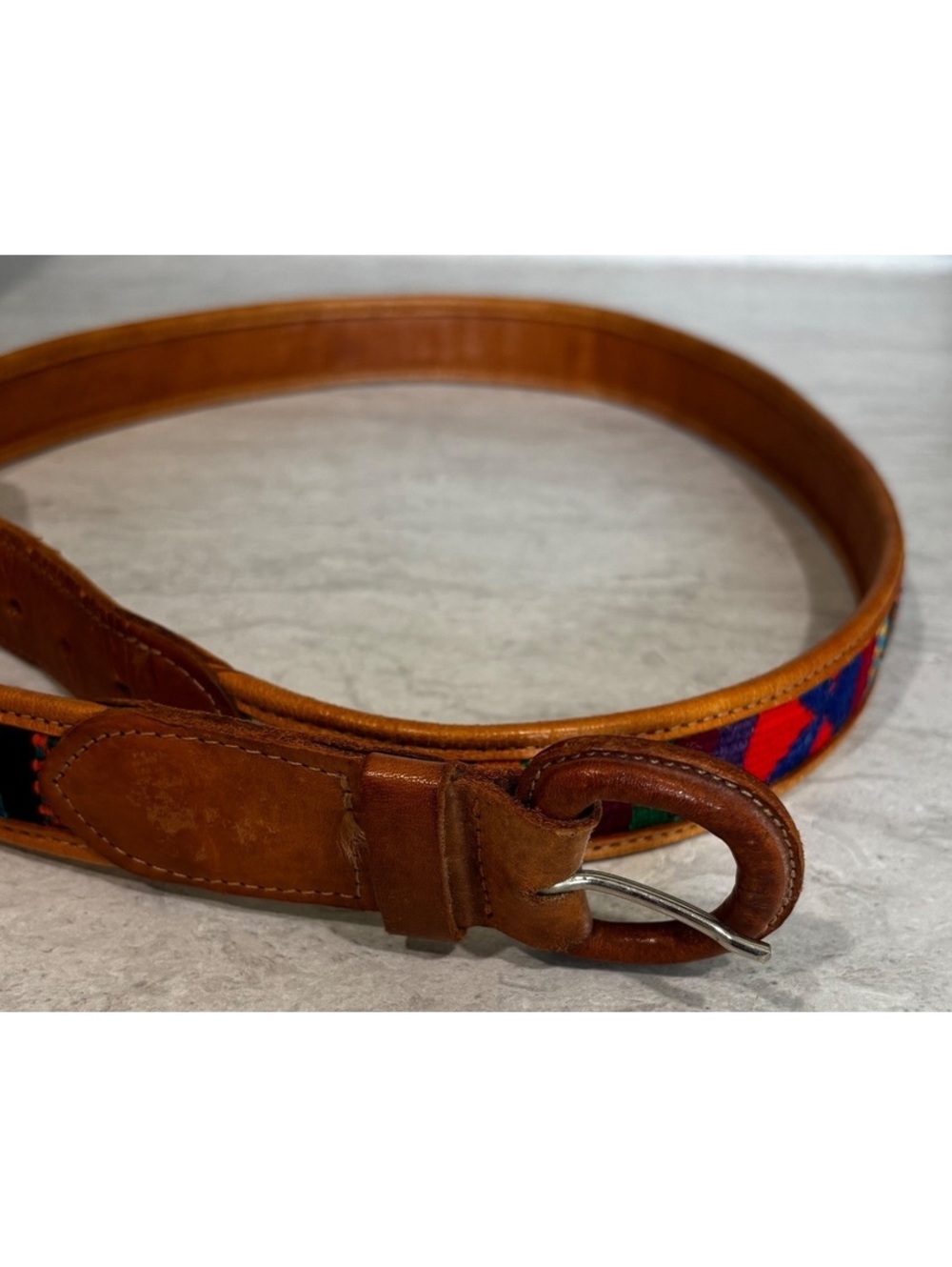 Vintage Leather & Multicolored Woven Fabric Belt | Mayan Boho Western Style